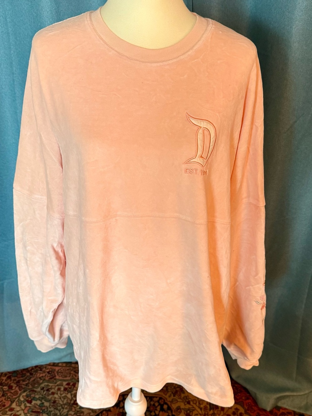 Disney Peach Velour Spirit Jersey with Satin Letters and Embroidered Sleeves - Picture 2 of 5